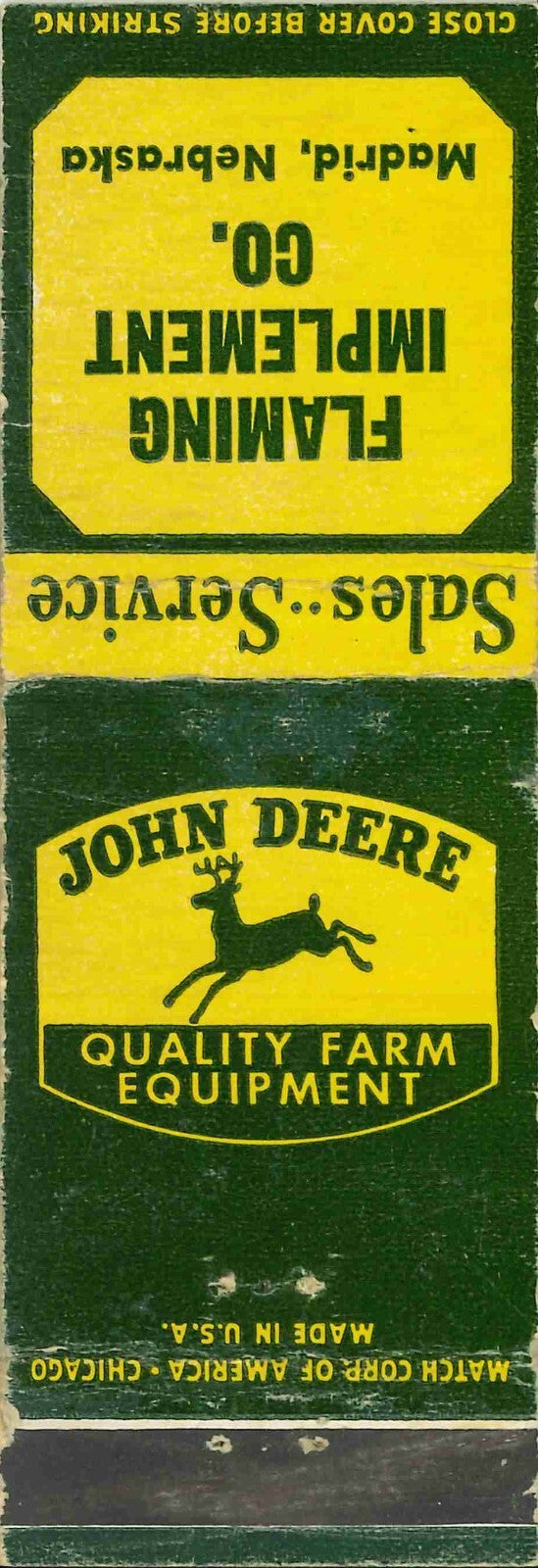 John Deere Matchbook Cover QFE Flaming Implement Co Madrid Nebraska