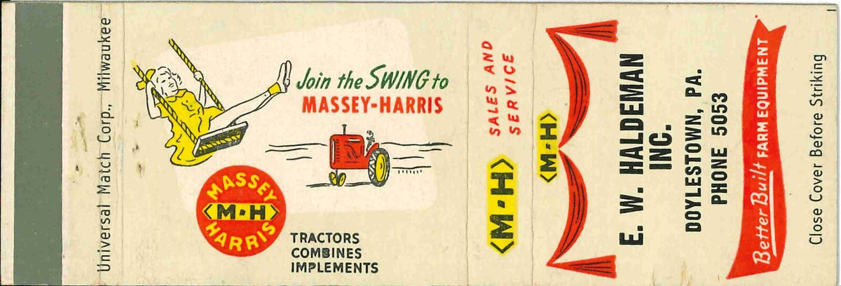 Matchbook Cover Massey Harris Tractors E W Haldeman Doylestown Pennsylvania