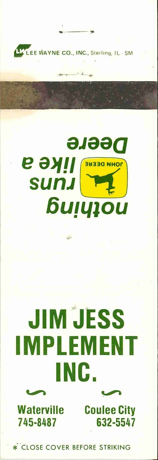 John Deere Matchbook Cover 2 Leg Jim Jess Imp Waterville Coulee City