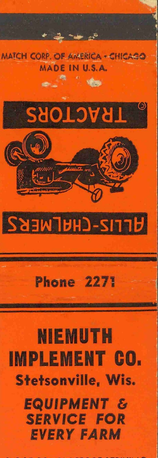 Matchbook Cover Allis Chalmers B Tractor Niemuth Imp Co Stetsonsville Wis