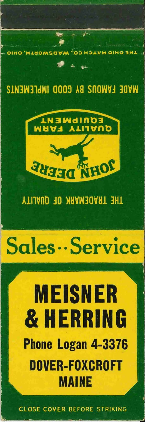 John Deere Matchbook Cover Meisner & Herring Dover Foxcroft Maine
