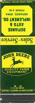 John Deere Matchbook Cover QFE Defiance Auto and Implement Defiance Iowa