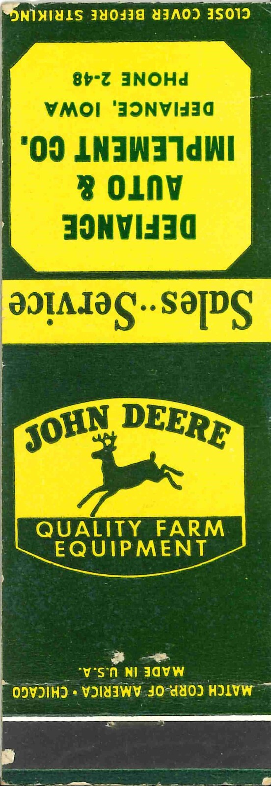 John Deere Matchbook Cover QFE Defiance Auto and Implement Defiance Iowa
