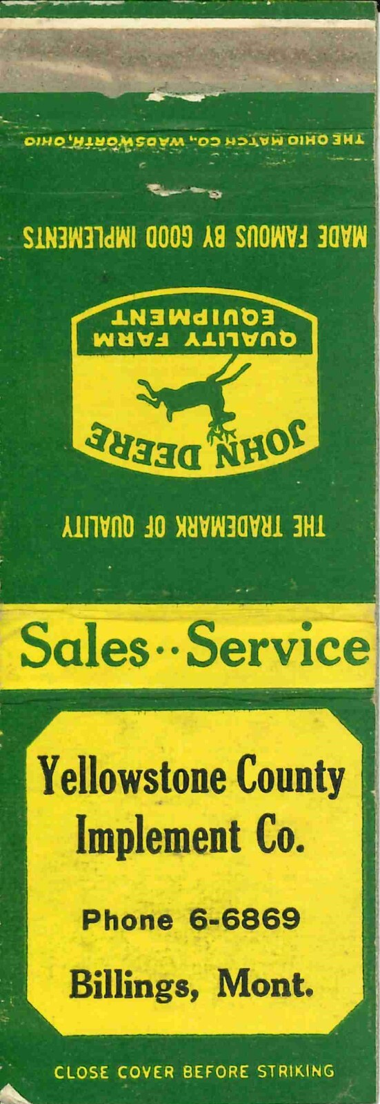 John Deere Matchbook Cover QFE Yellowstone County Implement Billings Montana