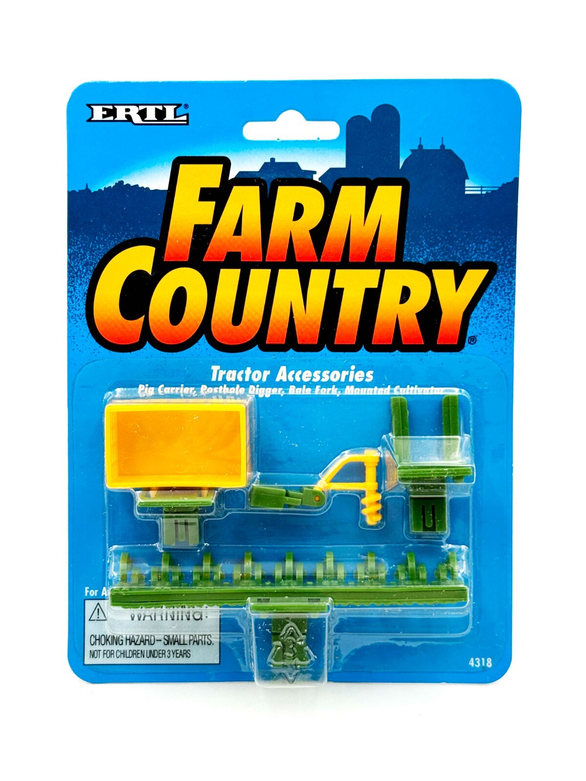 1/64 3 Pt Tractor Accessories w/ Carrier, Posthole Digger, Bale Fork, Cultivator