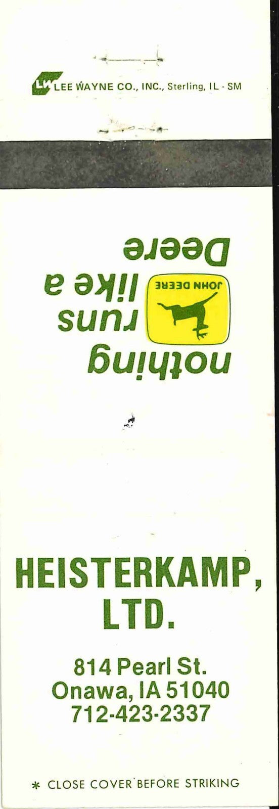 John Deere Matchbook Cover 2 Leg Heisterkamp Ltd Onawa IA