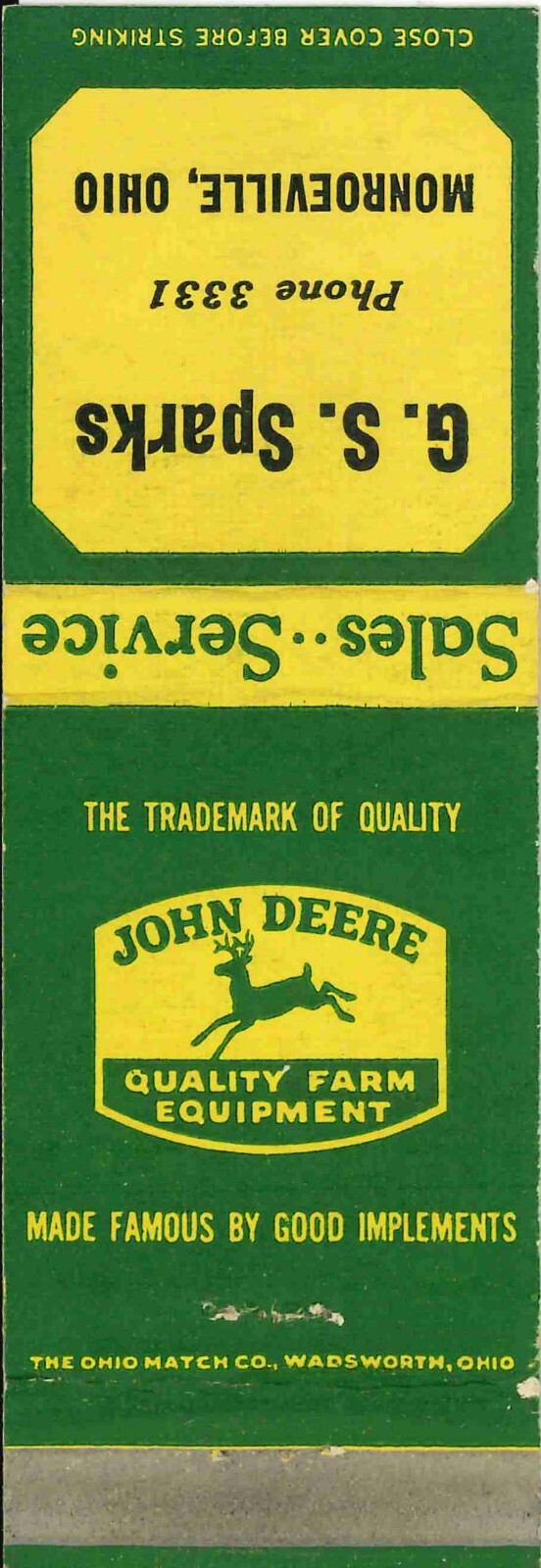 John Deere Matchbook Cover G S Sparks Monroeville OH