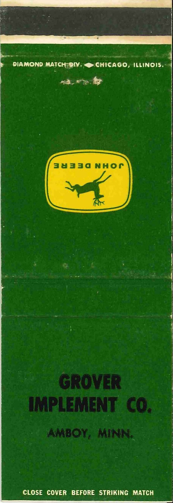 John Deere Matchbook Cover 4 Leg Grover Imp Amboy Minn
