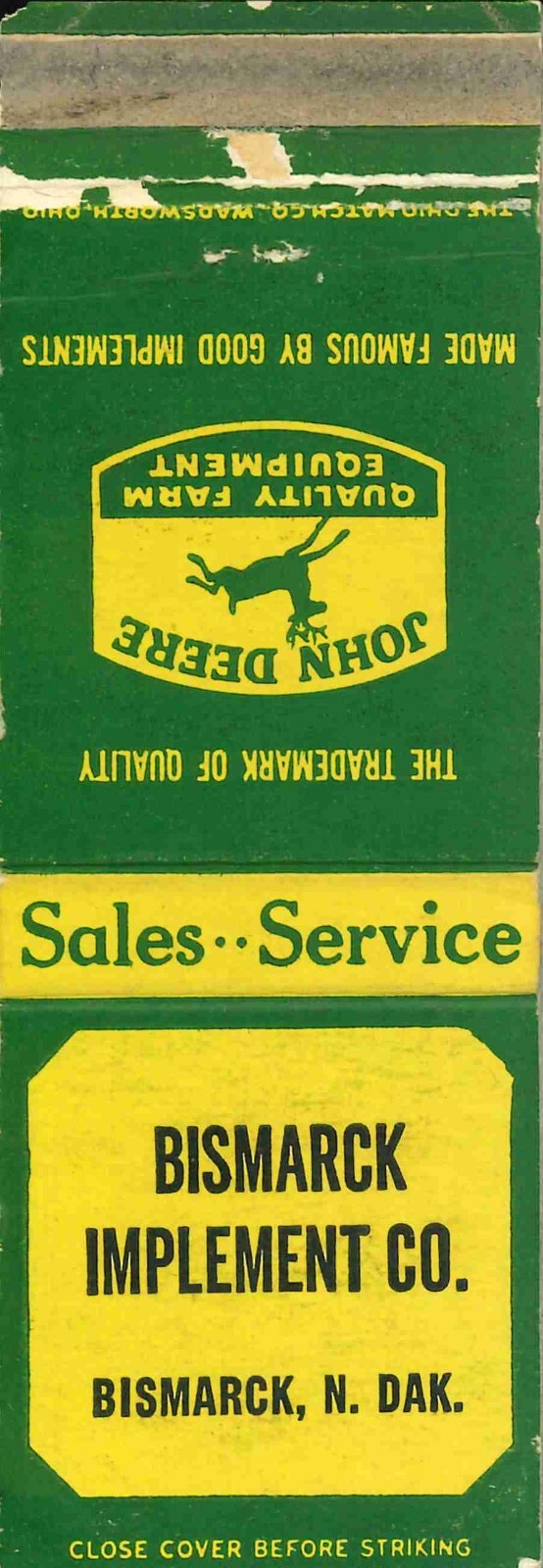 John Deere Matchbook Cover QFE Bismarck Implement CO Bismarck North Dakota