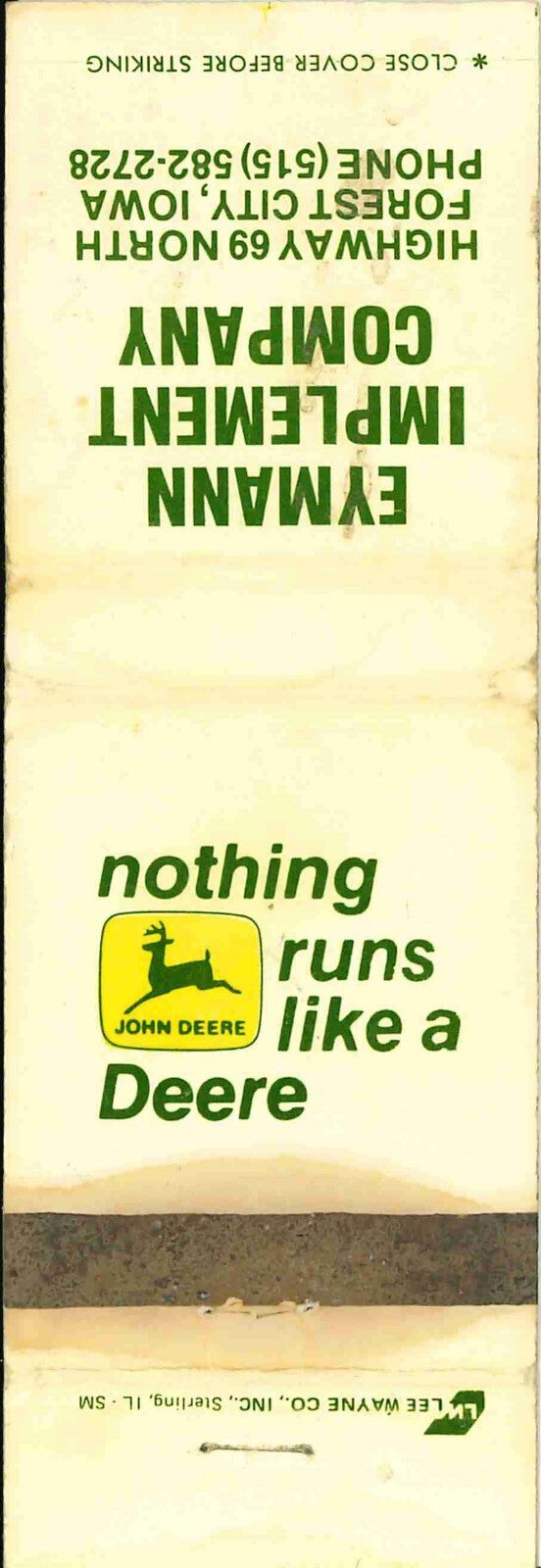 John Deere Matchbook Cover 2 Leg Eymann Imp Forest City IA