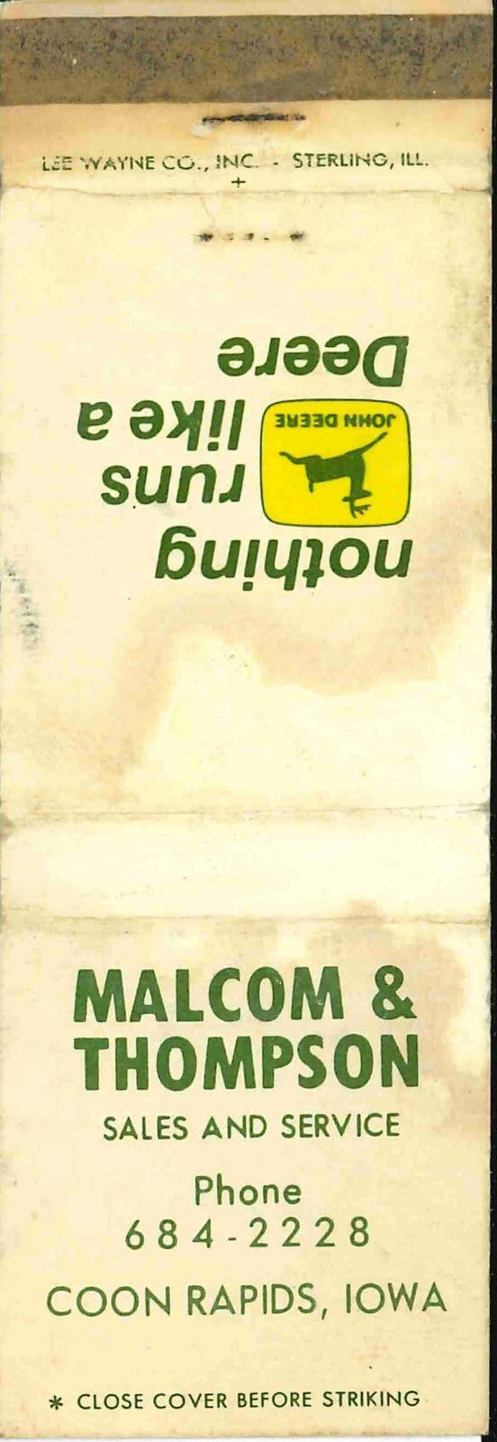 John Deere Matchbook Cover 2 Leg Malcom Thompson Coon Rapids IA