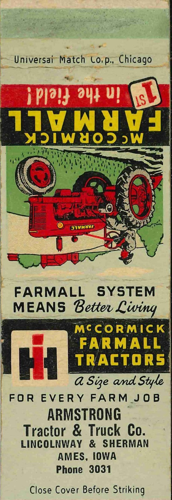 Matchbook Cover Farmall H Armstrong Tractor Ames Iowa