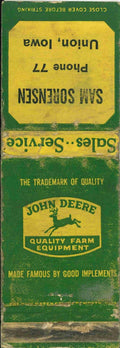 John Deere Matchbook Cover Sam Sorensen Union IA