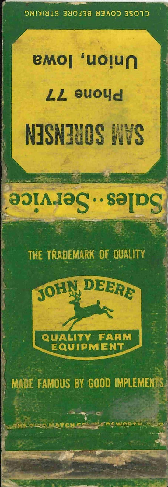 John Deere Matchbook Cover Sam Sorensen Union IA