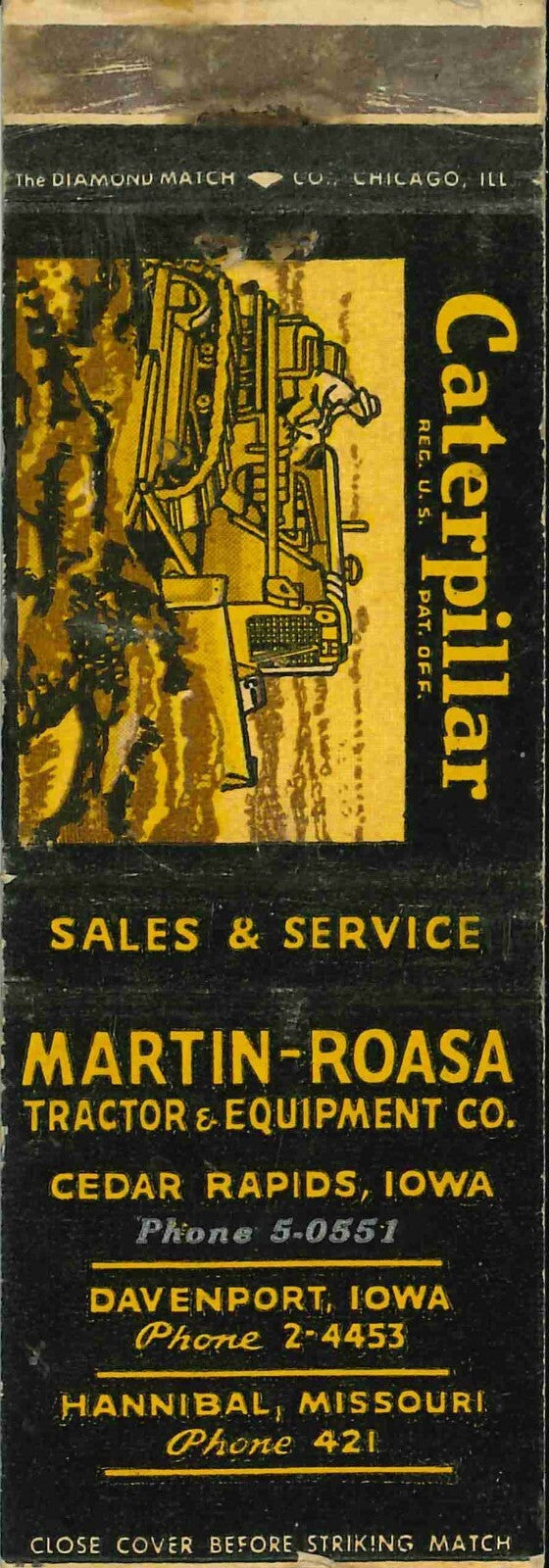 Matchbook Cover Caterpillar Dozer Martin Roasa Iowa and Missouri