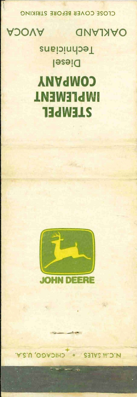 John Deere Matchbook Cover 2 Leg Stempel Implement Oakland Avoca
