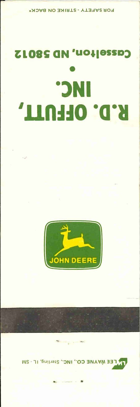 John Deere Matchbook Cover R D Offutt Casselton ND