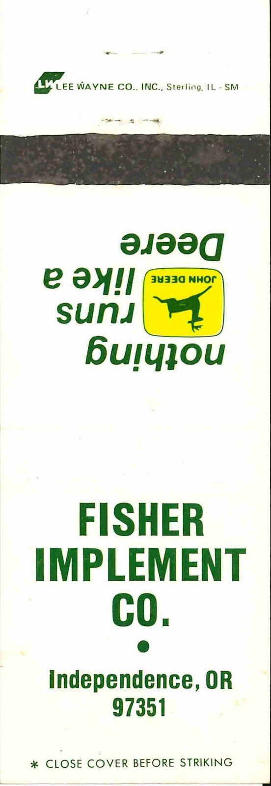 John Deere Matchbook Cover 2 Leg Fisher Imp Co Independence OR