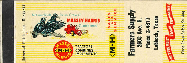 Matchbook Cover Massey Harris Combines Farmers Supply Lubbock Texas