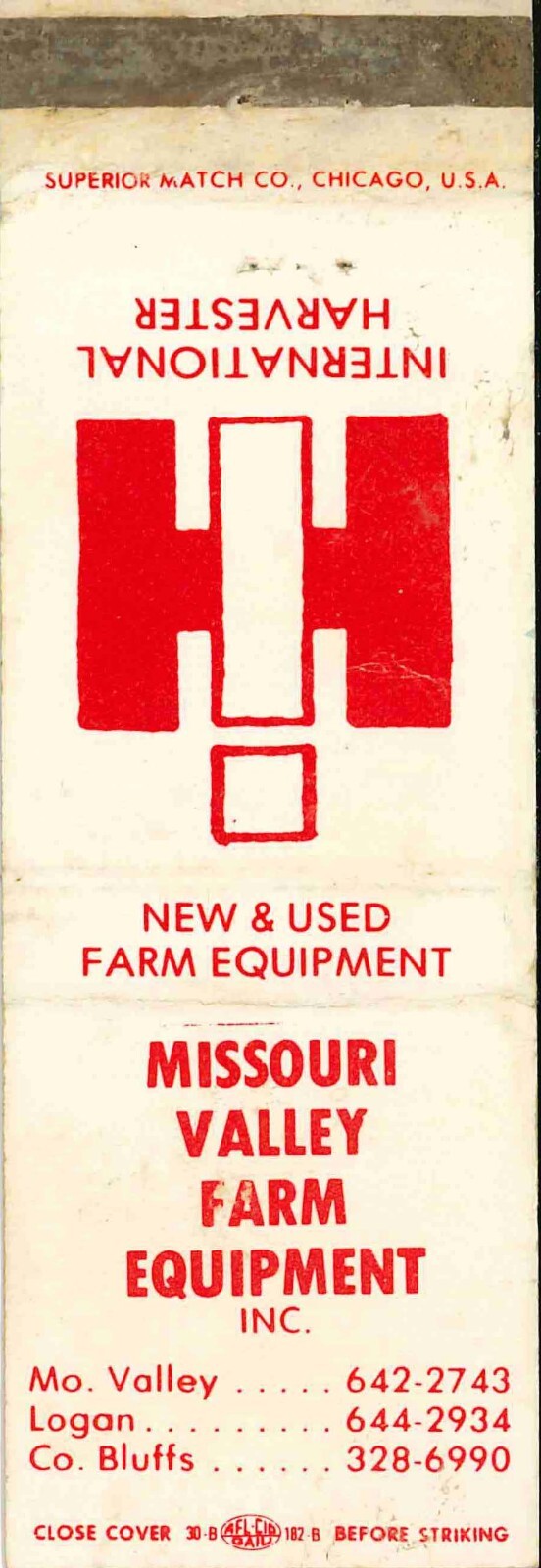 Matchbook Cover International Harvester Missouri Valley Farm Equipment