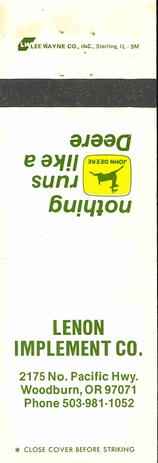 John Deere Matchbook Cover 2 Leg Lenon Imp Woodburn OR
