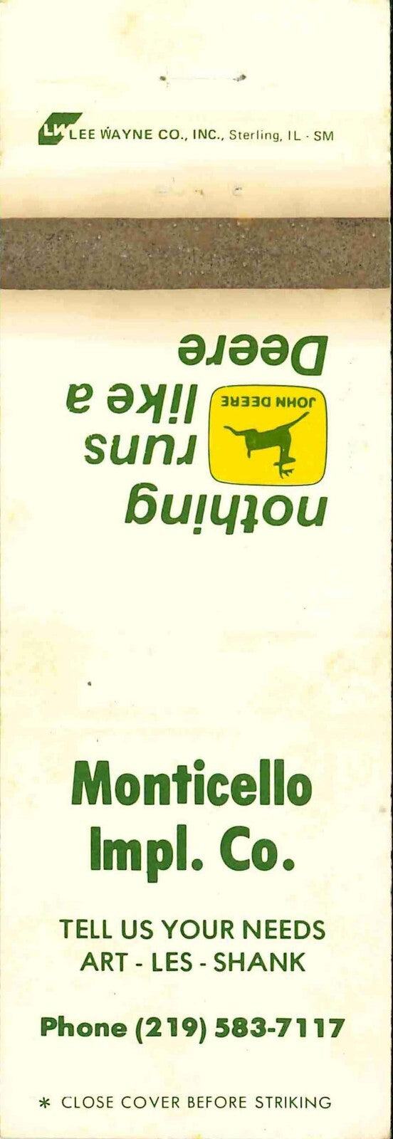 John Deere Matchbook Cover 2 Leg Monticello Imp Co 