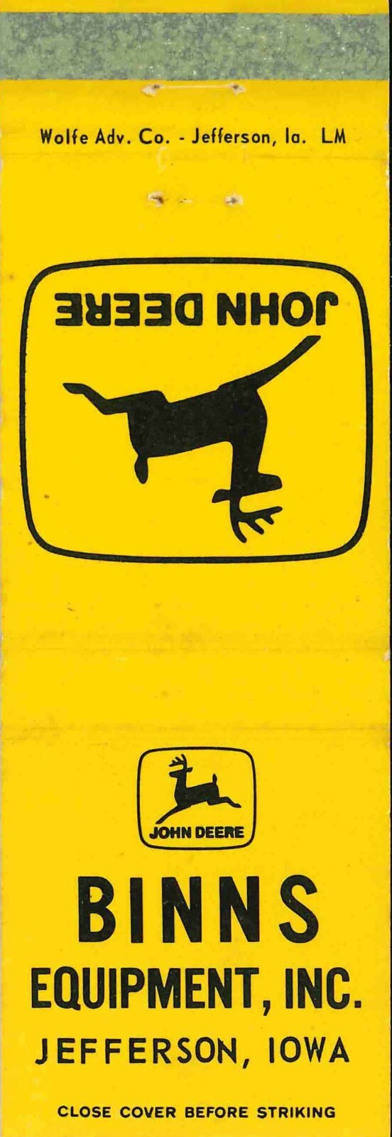 John Deere Matchbook Cover Binns Equipment Jefferson IA