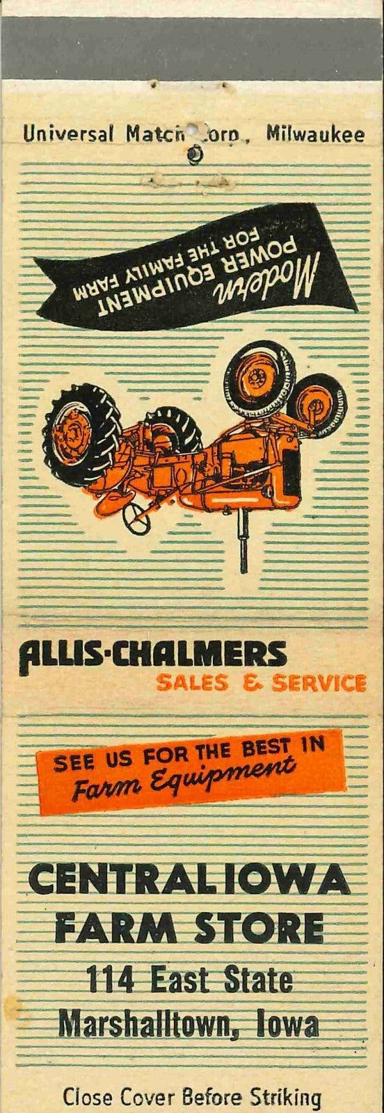 Matchbook Cover Allis Chalmers Central Iowa Farm Store Marshalltown Iowa