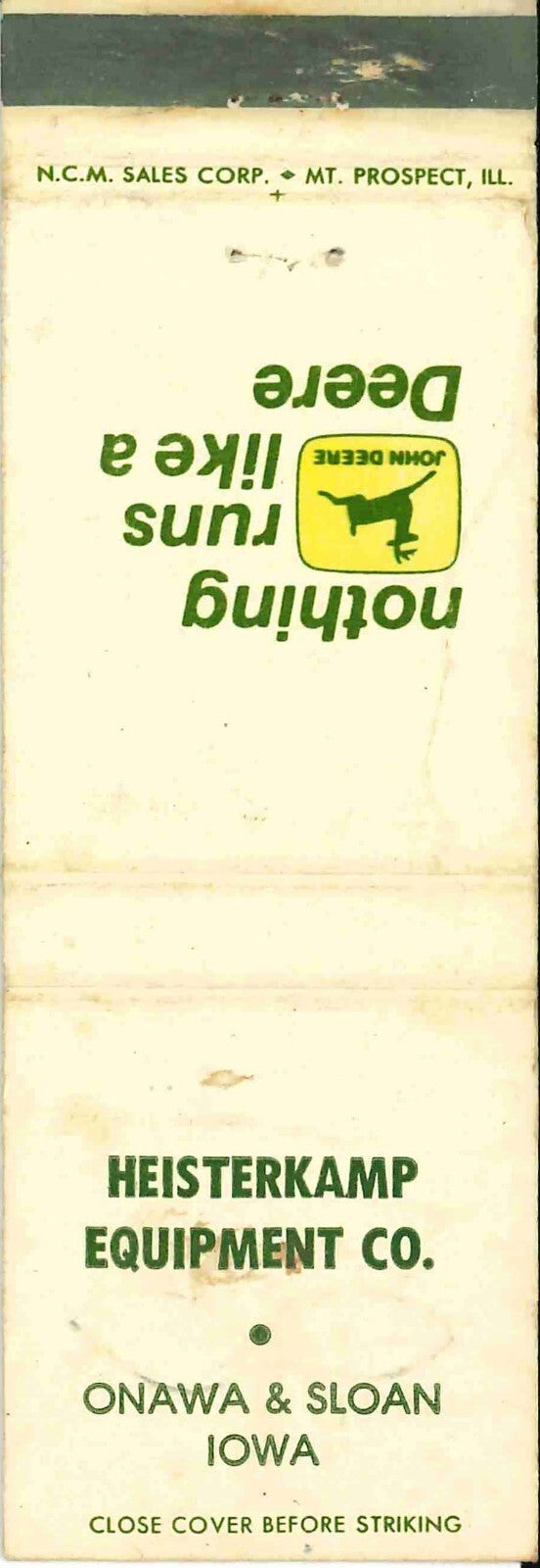 John Deere Matchbook Cover 2 Leg Heisterkamp Equip Onawa Sloan IA