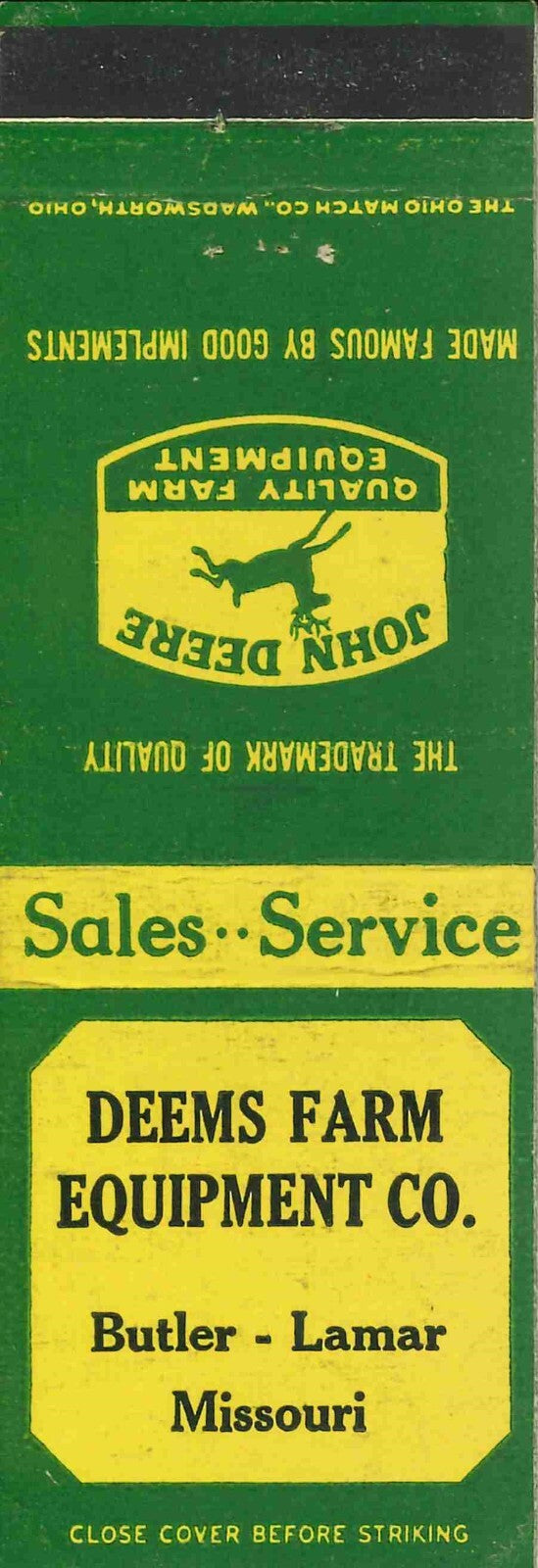 John Deere Matchbook Cover QFE Deems Farm Equipment Butler Lamar Missouri