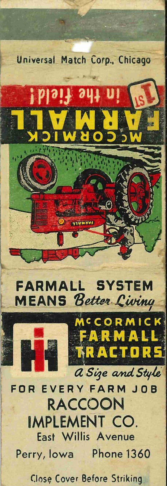 Matchbook Cover Farmall H Raccoon Imp Co East Willis Avenue