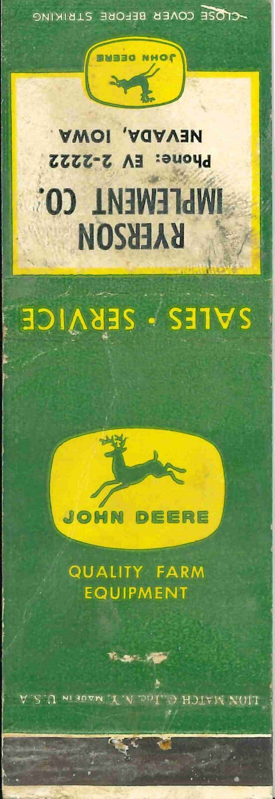 John Deere Matchbook Cover 4 Leg Ryerson Imp Co Nevada IA
