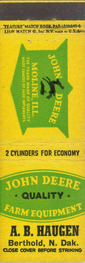 John Deere Matchbook Cover QFE A B Haugen Berthold North Dakotah