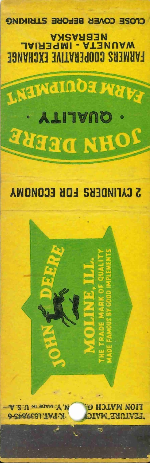 John Deere Matchbook Cover QFE Farmers COOP Exchange Wauneta Imperial Nebraska