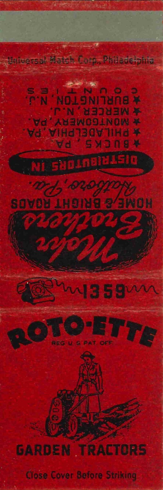 Matchbook Cover Roto Ette Garden Tractors Mohr Brothers Hatboro PA