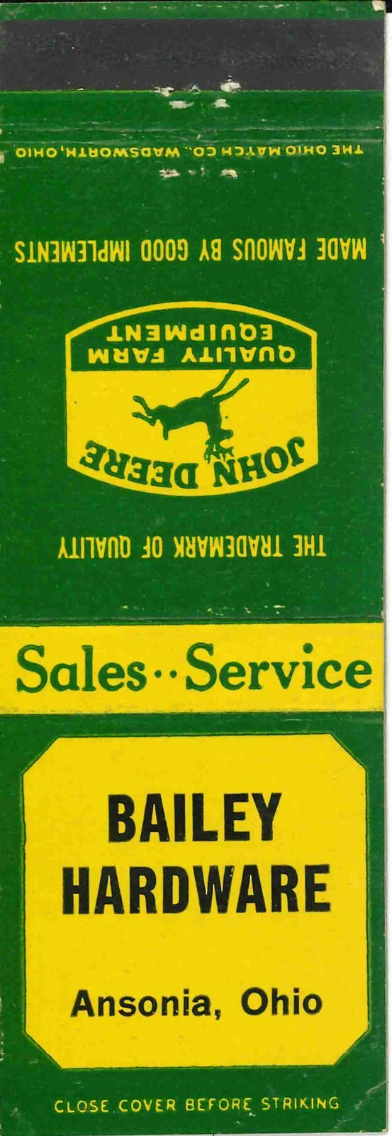 John Deere Matchbook Cover QFE Bailey Hardware Ansonia Ohio