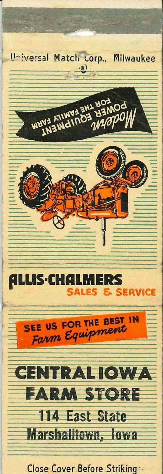 Matchbook Cover Allis Chalmers Central Iowa Farm Store Marshalltown Iowa