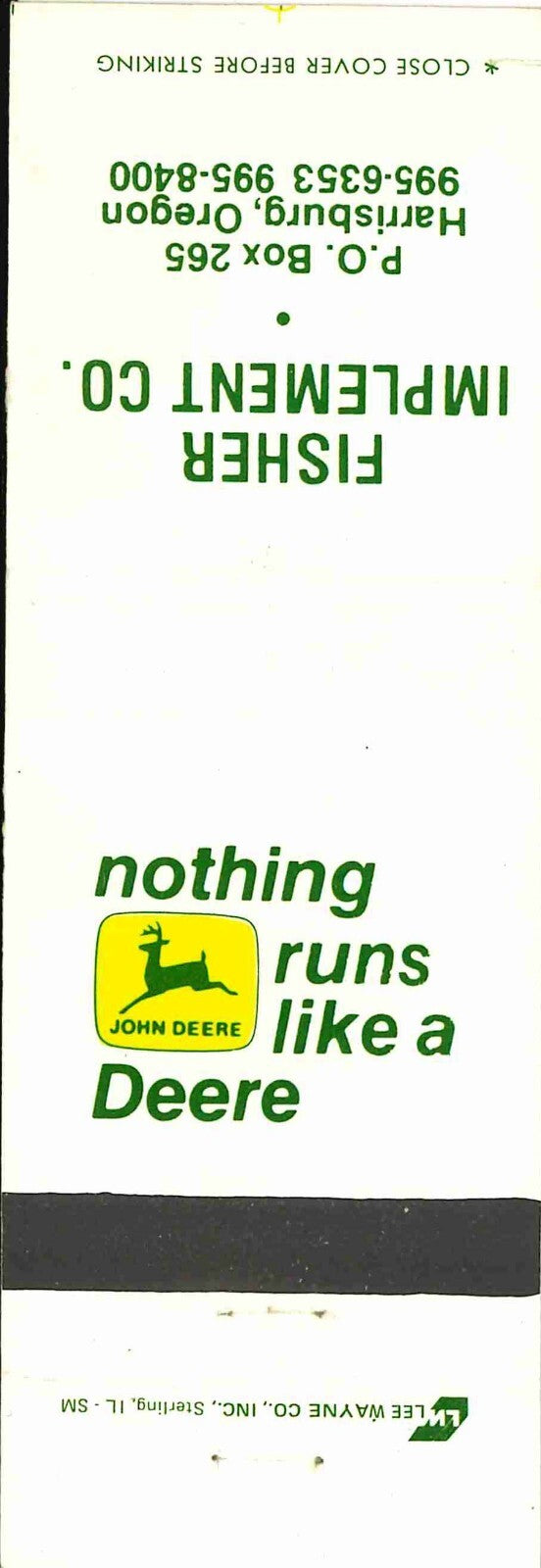John Deere Matchbook Cover 2 Leg Fisher Imp Harrisburg OR