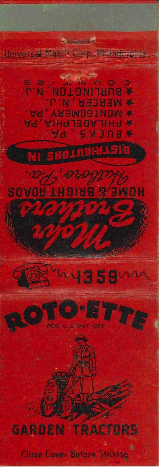 Matchbook Cover Roto Ette Garden Tractors Mohr Brothers Hatboro PA