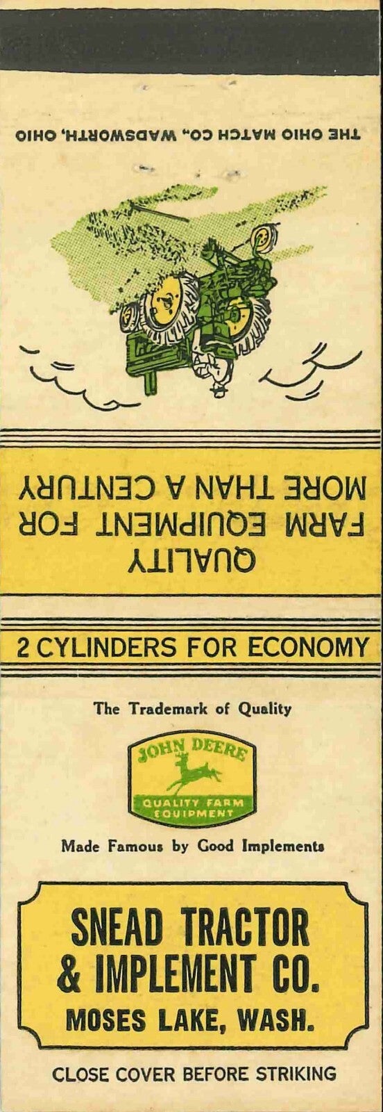 John Deere Matchbook Cover A w/ Mower Snead Tractor Moses Lake WA