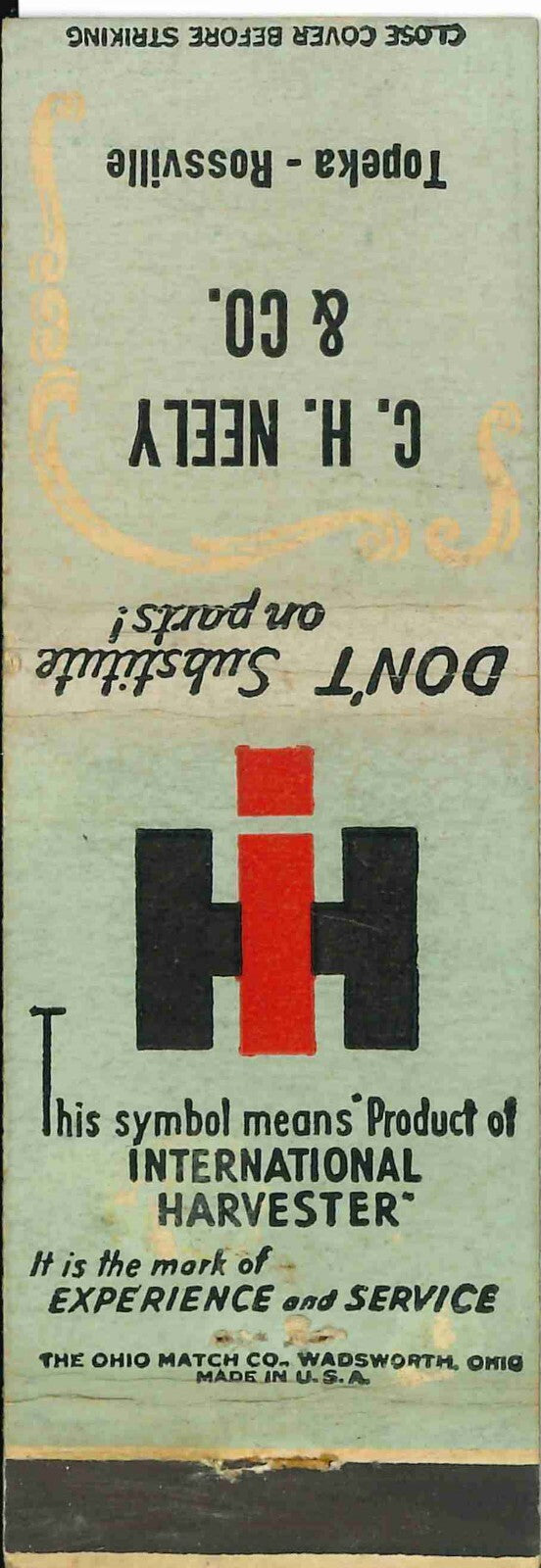 Matchbook Cover International Harvester C H Neely Topeka Rossville Kansas