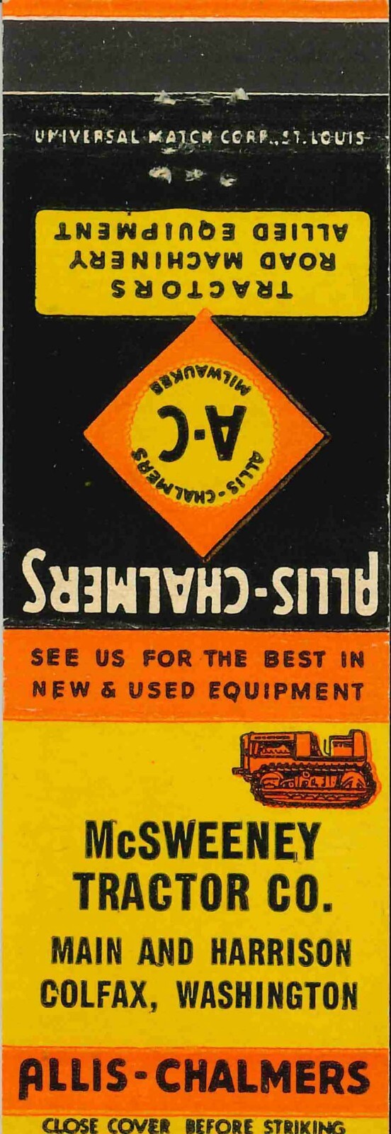 Matchbook Cover Allis Chalmers Crawler Tractor McSweeney Tractor Colfax WA