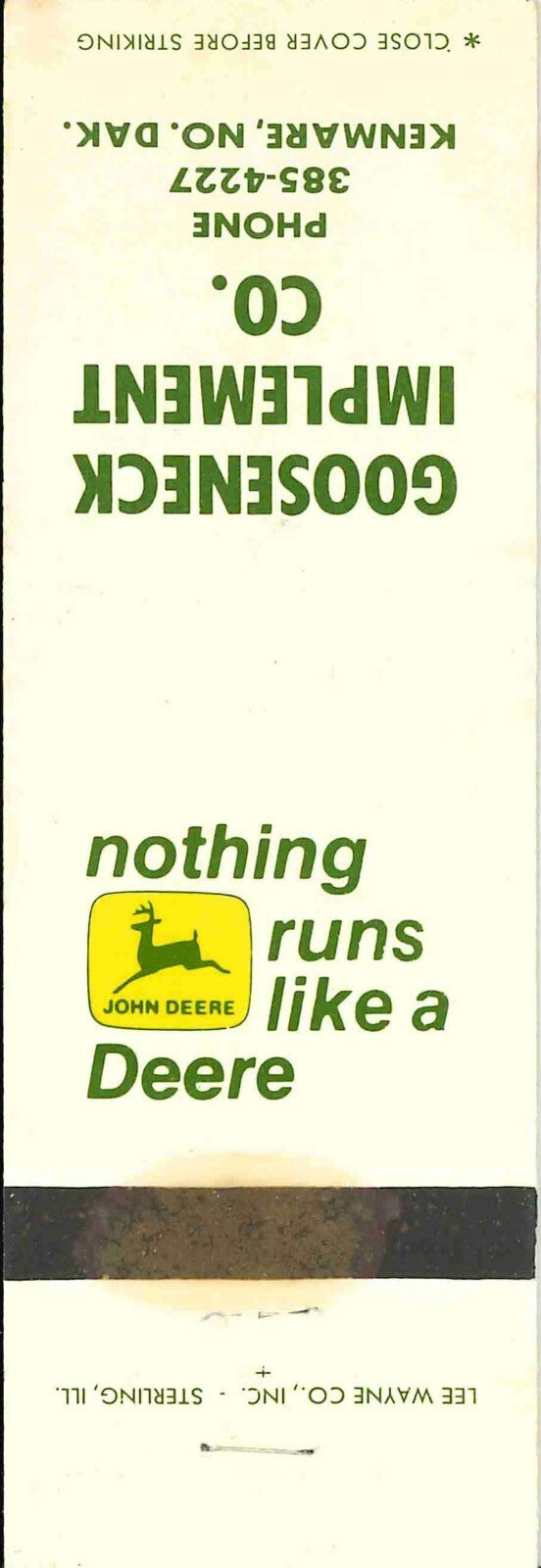 John Deere Matchbook Cover 2 Leg Gooseneck Imp Kenmare ND