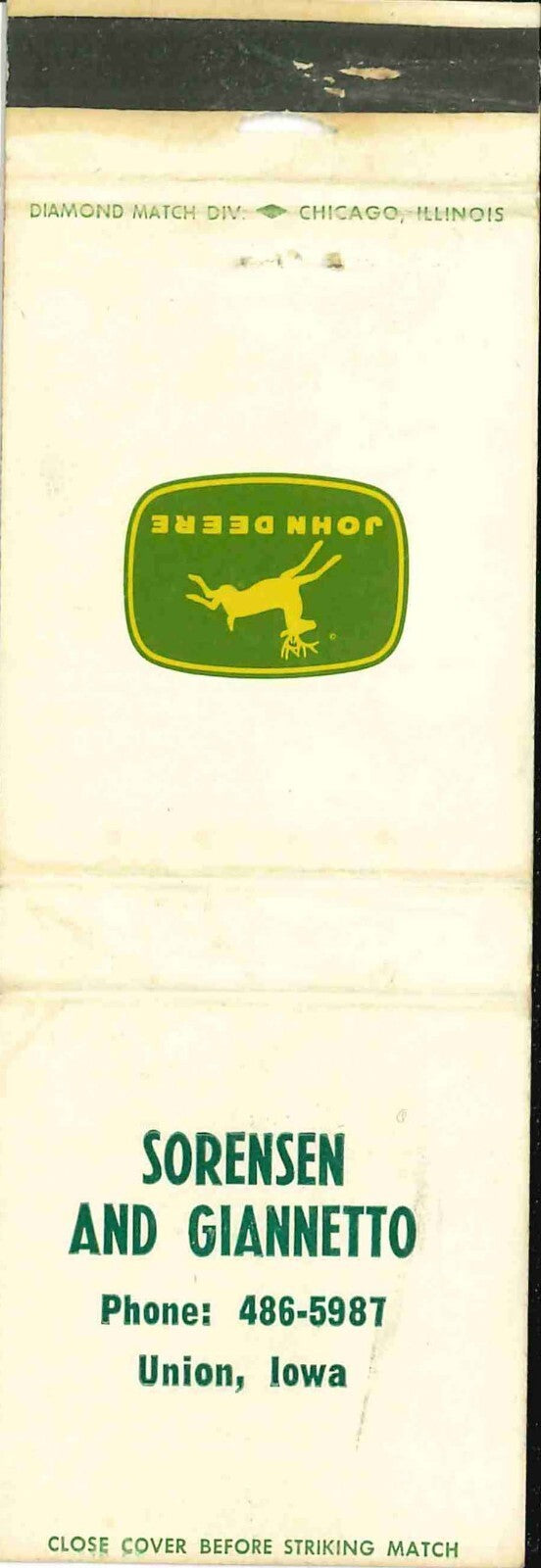 John Deere Matchbook Cover 4 Leg Sorensen Giannetto Union IA