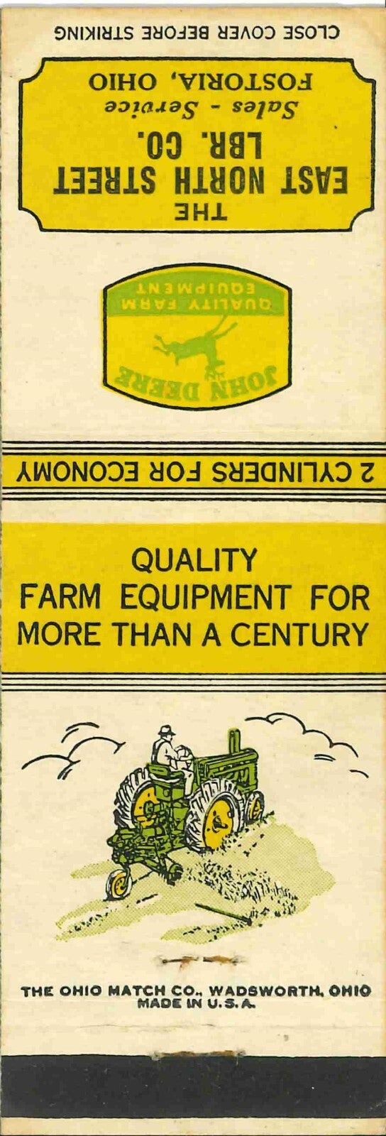 John Deere Matchbook Cover A w/ Mower East North Street LBR CO Fostoria Ohio