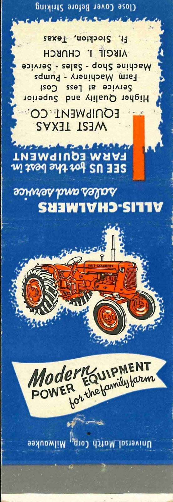 Matchbook Cover Allis Chalmers West Texas Equip Co Virgil Church Stockton TX