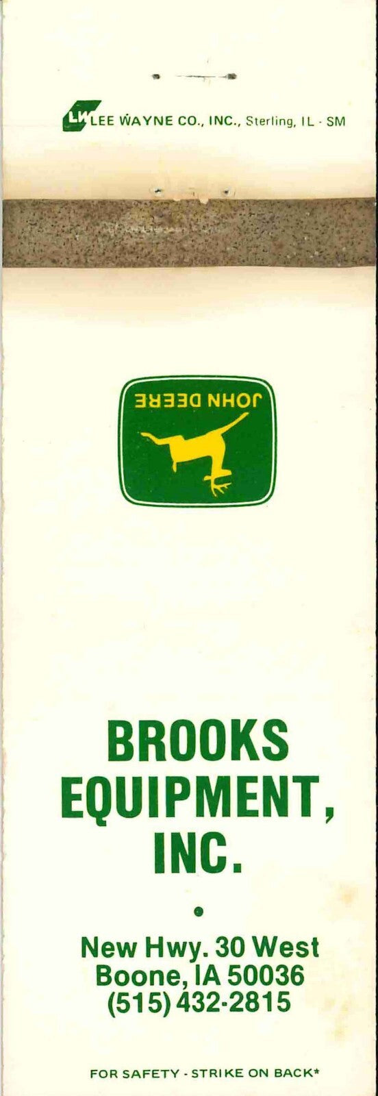 John Deere Matchbook Cover 2 Leg Brooks Equip Boone IA