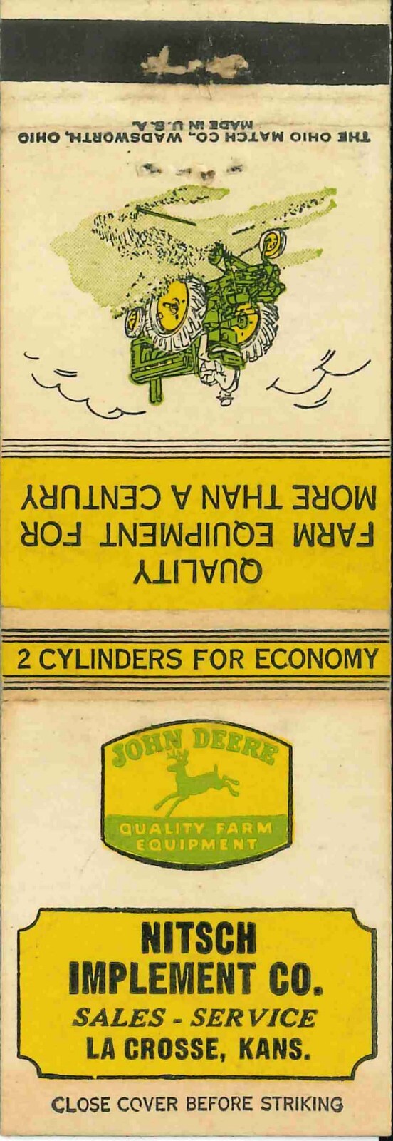 John Deere Matchbook Cover A w/ Mower Nitsch Imp La Crosse KS