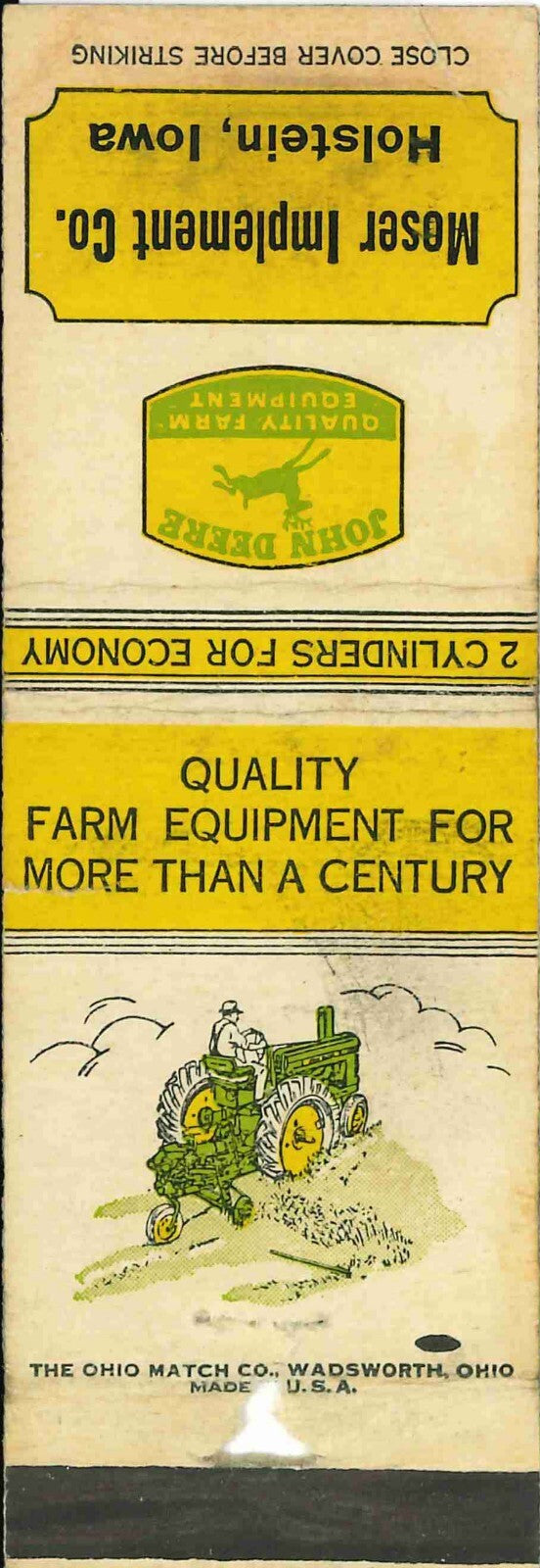 John Deere Matchbook Cover A w/ Mower Moser Imp Holstein IA