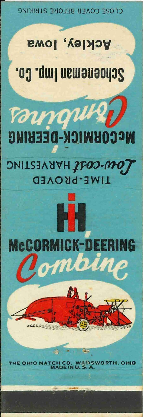Matchbook Cover International Harvester Combine Schoeneman Imp Co Ackley Iowa